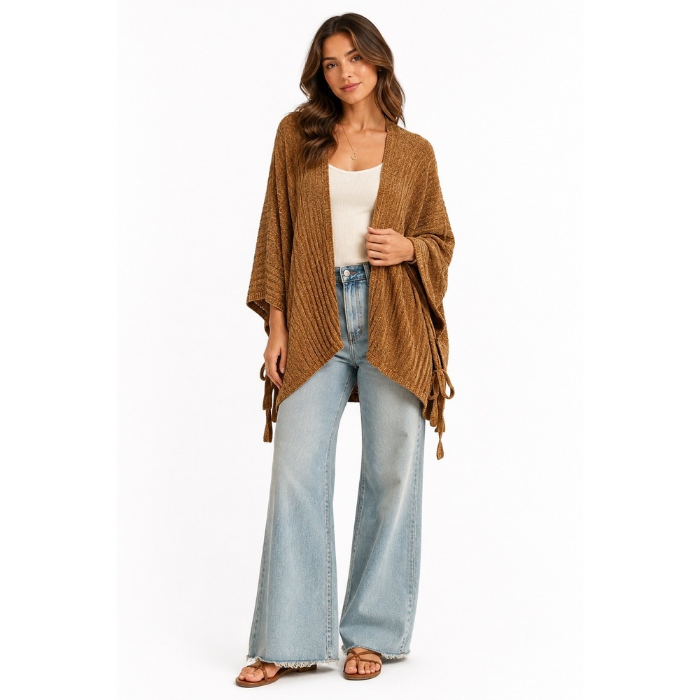 Brown Chenille Poncho Cardigan Draped Open Front Tie Sides Boho Oversized Layer